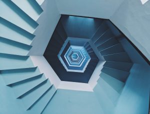 This magnificient view is from the groud floor of Light house in Pondicherry, India. Entire staircase is painted with pastel blue.