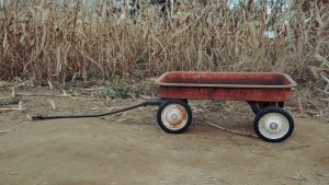 red and black cart on brown dirt
