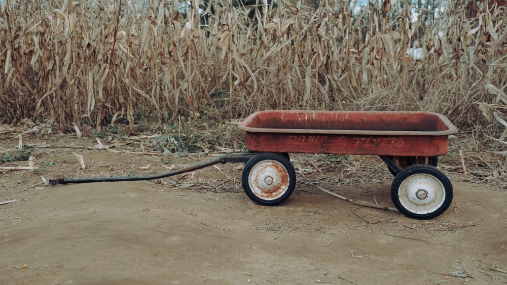 red and black cart on brown dirt