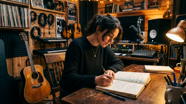 Woman writing music notes in a rustic recording studio
