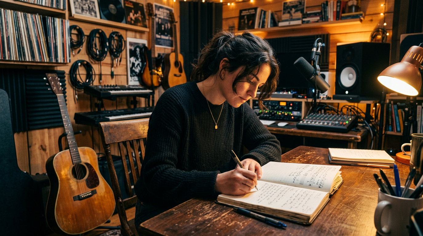 Woman writing music notes in a rustic recording studio
